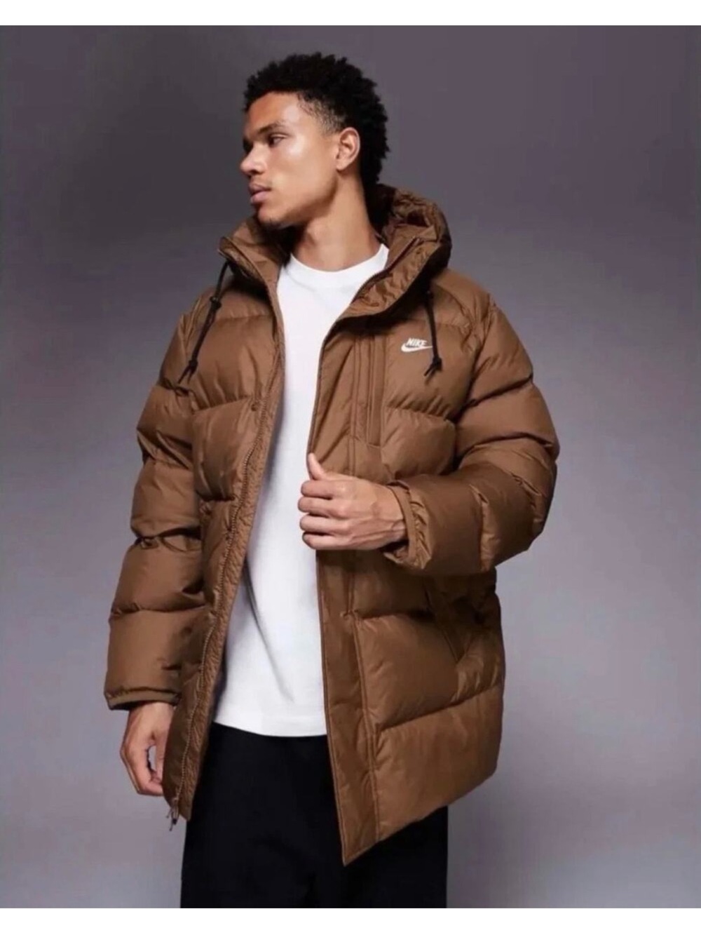 Nike Men's Brown Quilted Hooded Puffer Jacket